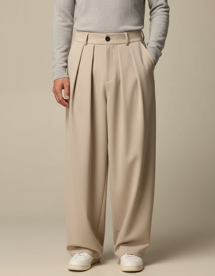 Pantalon À Pince Beige Ample Plissé Droit Décontracté - Polyester