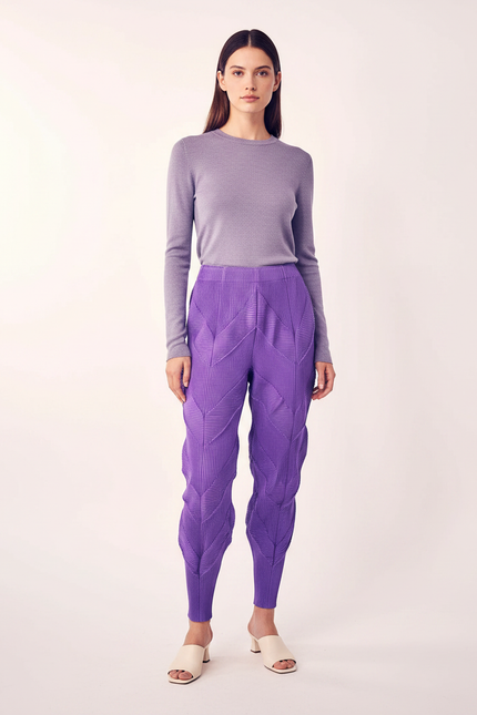 Pantalon À Pince Plissé Violet Sculptural Chevrons Élastique - Polyester