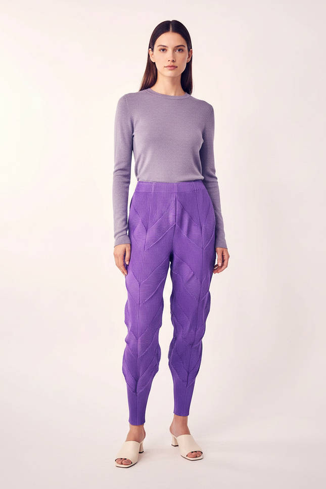Pantalon À Pince Plissé Violet Sculptural Chevrons Élastique - Polyester