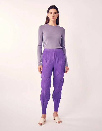 Pantalon À Pince Plissé Violet Sculptural Chevrons Élastique - Polyester