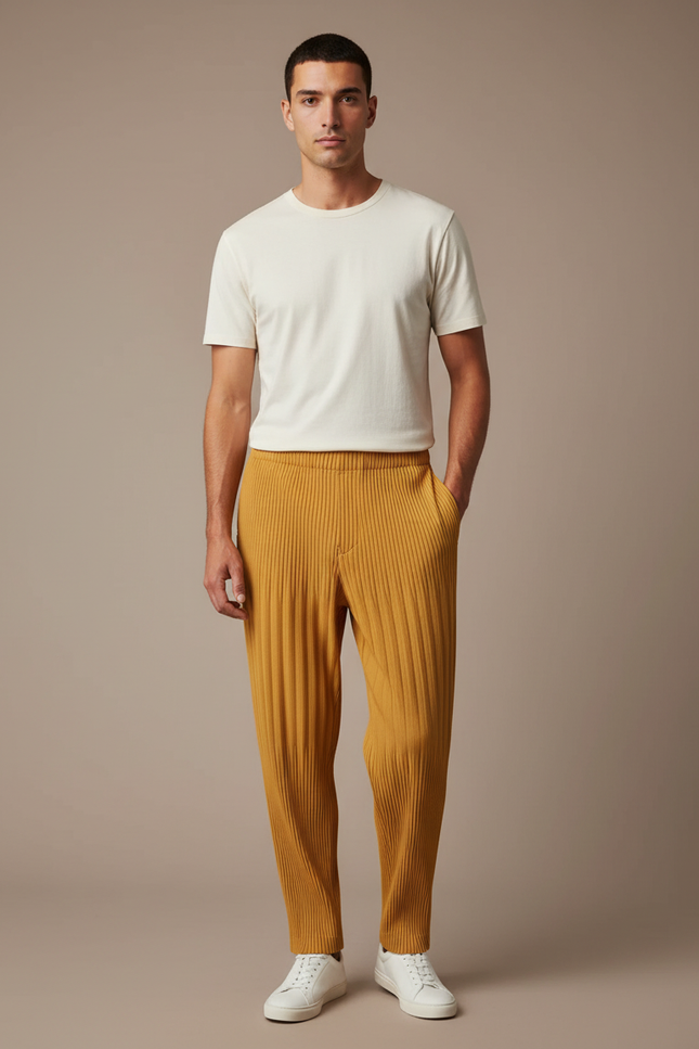 Pantalon À Pince Jaune Plissé Ample Décontracté Homme - Maille