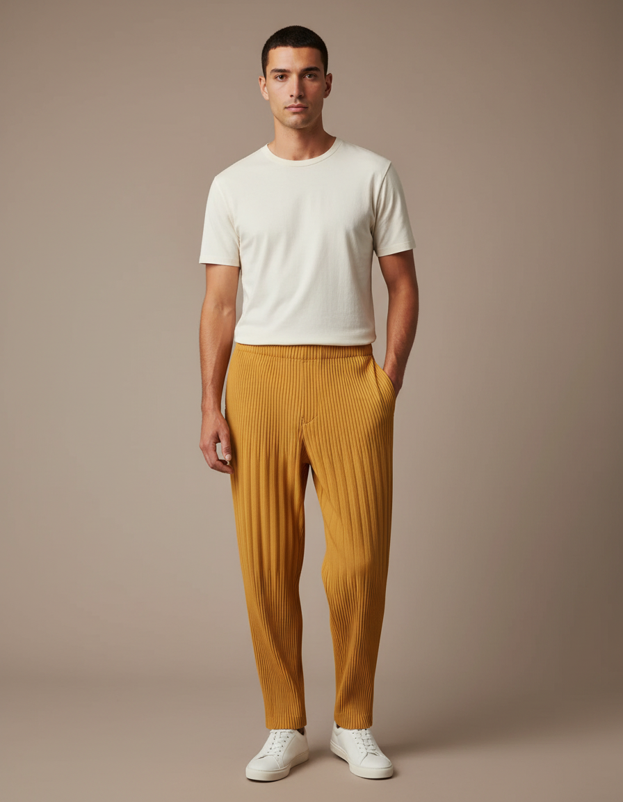 Pantalon À Pince Jaune Plissé Ample Décontracté Homme - Maille