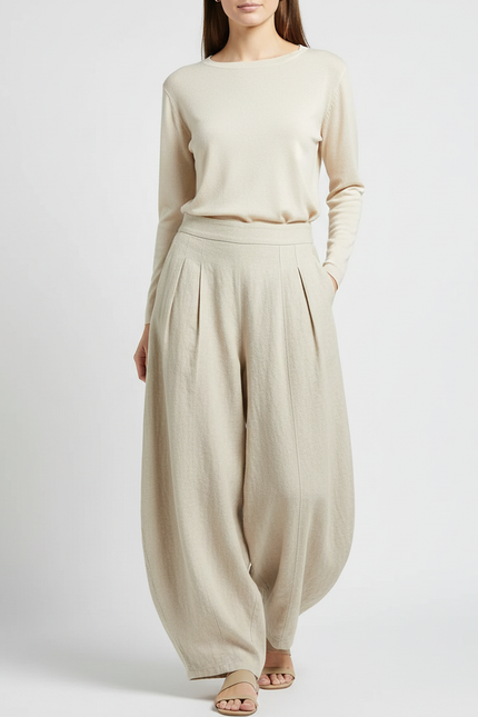 Pantalon À Pince Beige Lin Ample Plissé Élégant