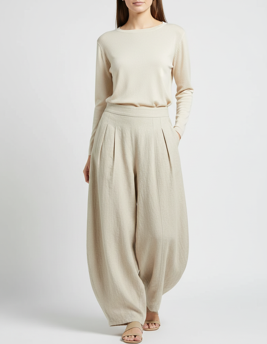 Pantalon À Pince Beige Lin Ample Plissé Élégant