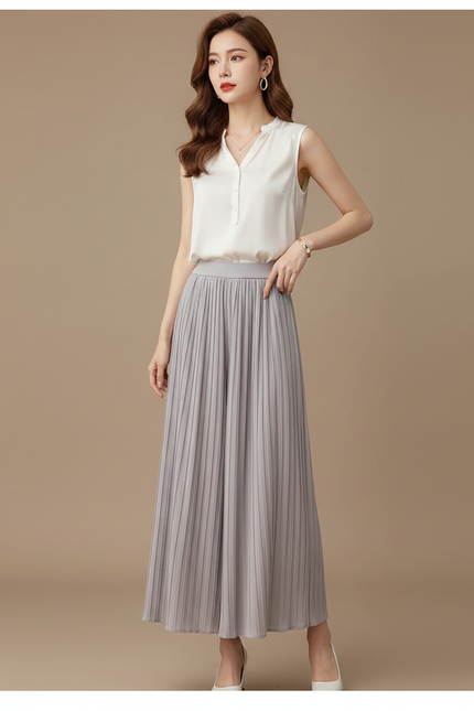 Pantalon À Pince Plissé Fluide Gris Élégant Femme - Polyester