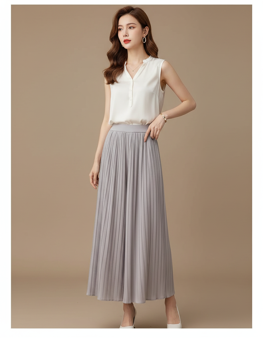 Pantalon À Pince Plissé Fluide Gris Élégant Femme - Polyester