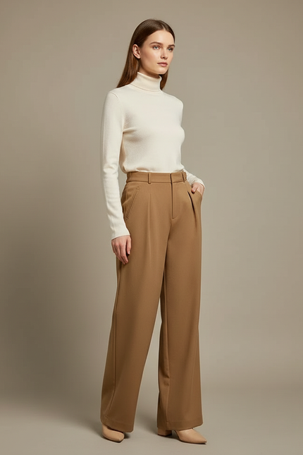Pantalon À Pince Marron Chic Plissé Ample Femme - Polyester