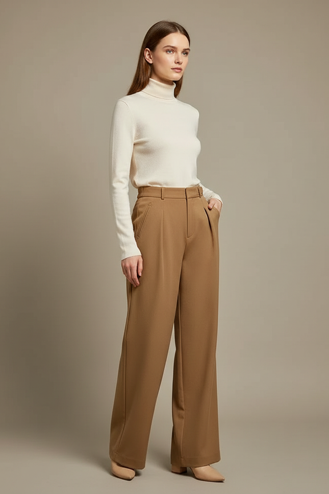 Pantalon À Pince Marron Chic Plissé Ample Femme - Polyester