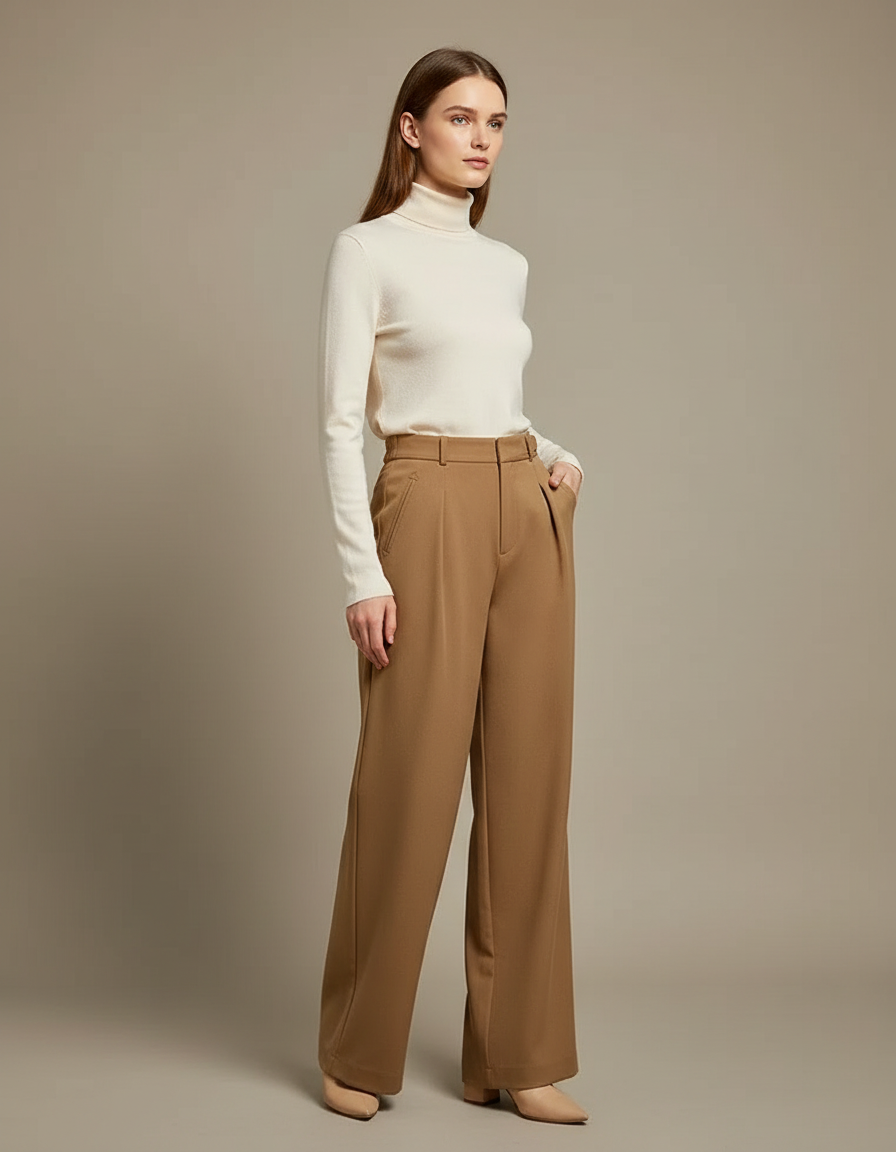 Pantalon À Pince Marron Chic Plissé Ample Femme - Polyester