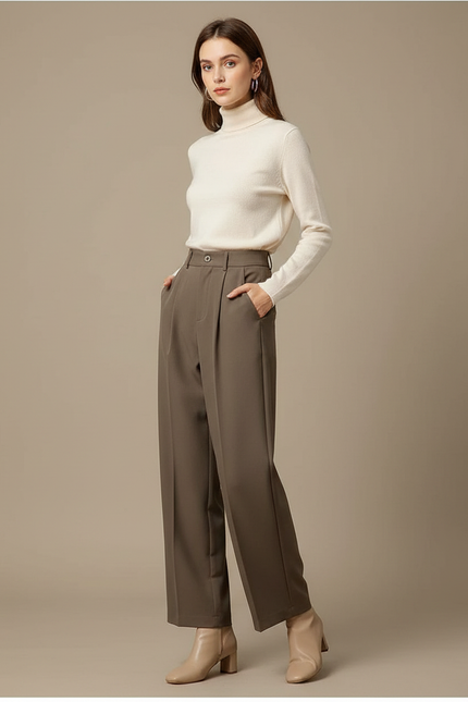 Pantalon À Pince Marron Plissé Ample Femme Élégant - Kaki Polyester