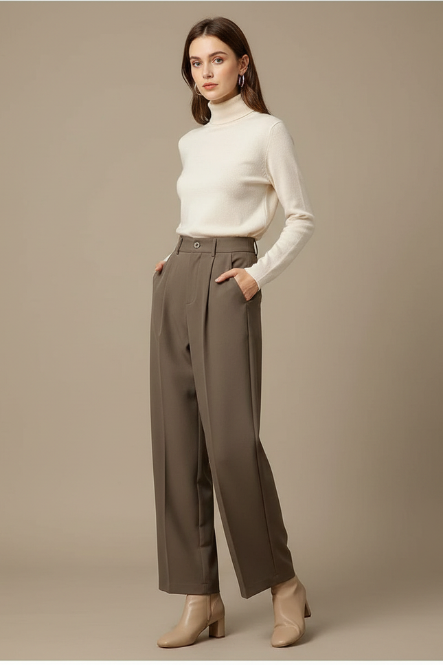 Pantalon À Pince Marron Plissé Ample Femme Élégant - Kaki Polyester