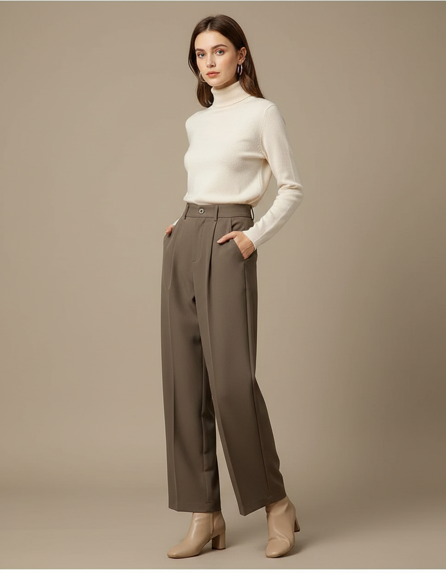 Pantalon À Pince Marron Plissé Ample Femme Élégant - Kaki Polyester