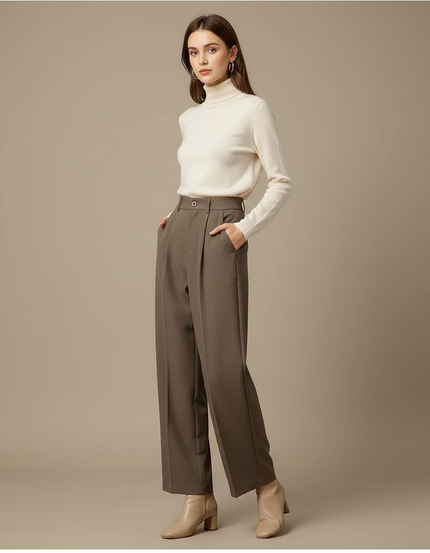 Pantalon À Pince Marron Plissé Ample Femme Élégant - Kaki Polyester