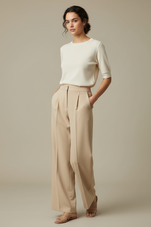 Pantalon À Pince Beige Ample Taille Haute Fluide - Polyester