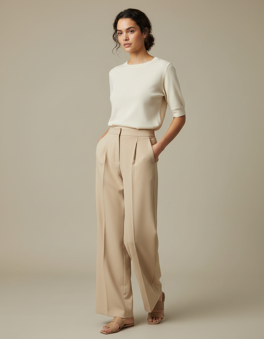 Pantalon À Pince Beige Ample Taille Haute Fluide - Polyester