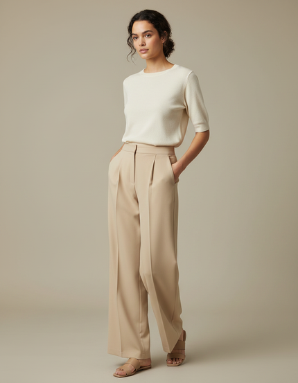 Pantalon À Pince Beige Ample Taille Haute Fluide - Polyester