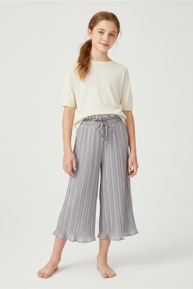 Pantalon À Pince Plissé Fluide Ample Gris Fille - Polyester