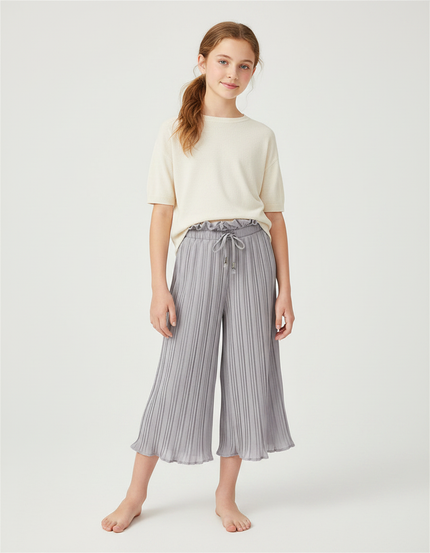 Pantalon À Pince Plissé Fluide Ample Gris Fille - Polyester