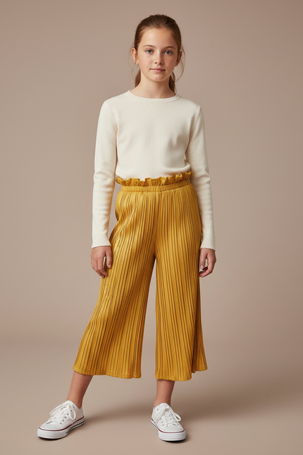 Pantalon À Pince Plissé Ample Jaune Fille Décontracté - Polyester