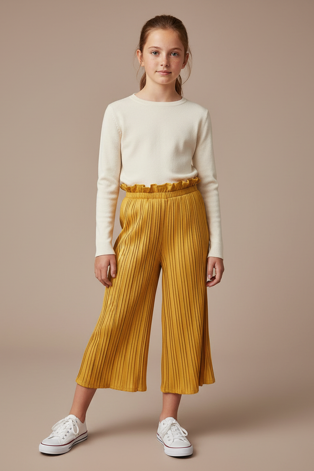 Pantalon À Pince Plissé Ample Jaune Fille Décontracté - Polyester