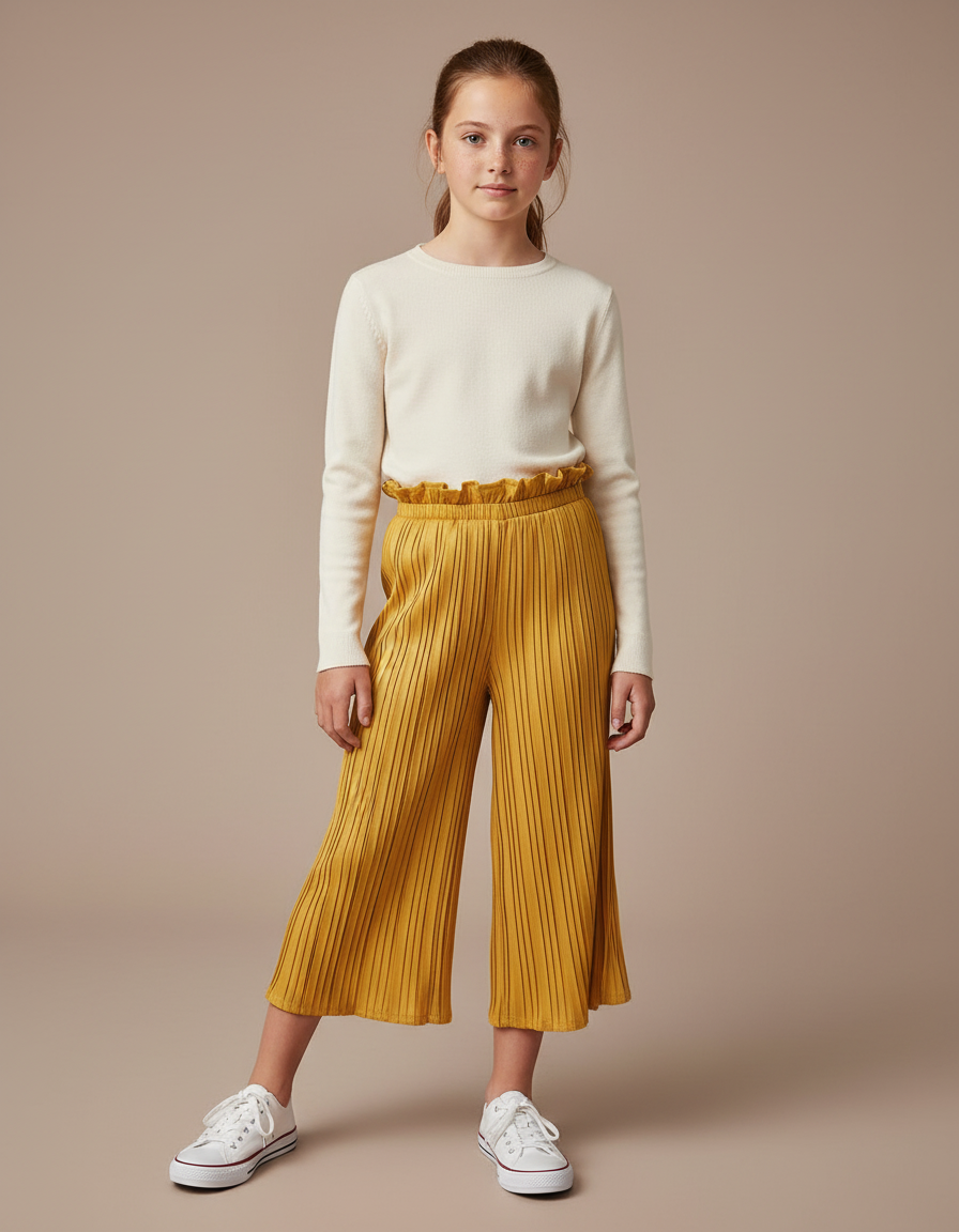 Pantalon À Pince Plissé Ample Jaune Fille Décontracté - Polyester