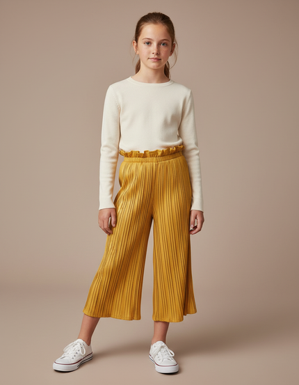 Pantalon À Pince Plissé Ample Jaune Fille Décontracté - Polyester