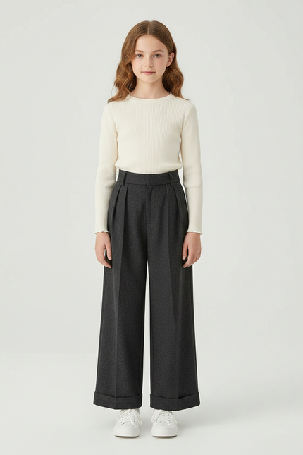 Pantalon À Pince Gris Foncé Laine Ample Plissé