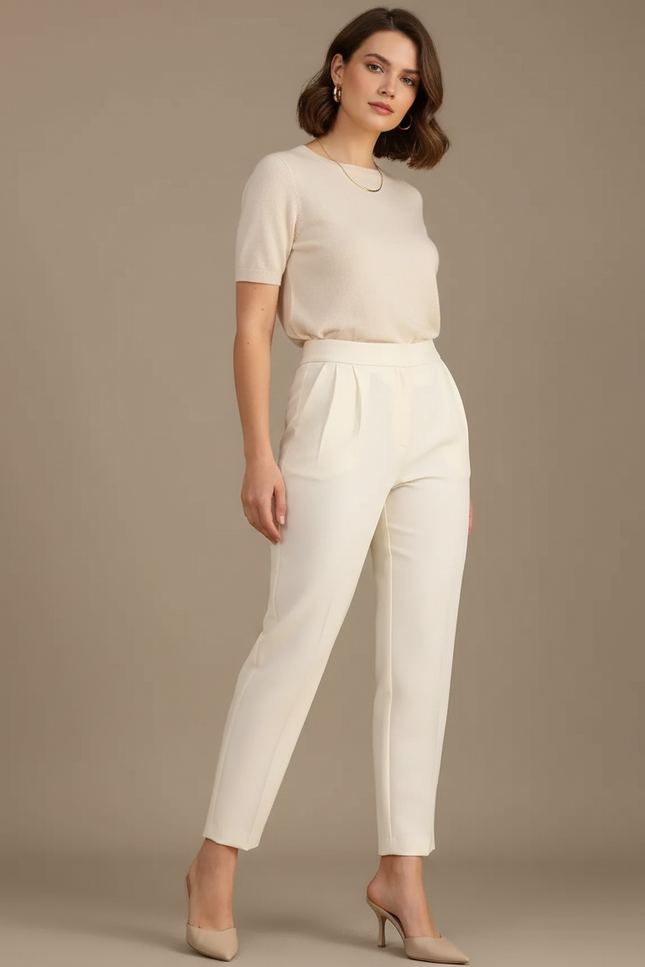 Pantalon À Pince Crème Plissé Droit Femme Élégant - Beige Gabardine
