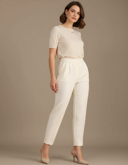 Pantalon À Pince Crème Plissé Droit Femme Élégant - Beige Gabardine