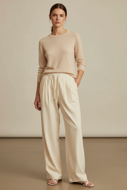 Pantalon À Pince Écru Ample Cordon Fluide Décontracté - Beige Molleton