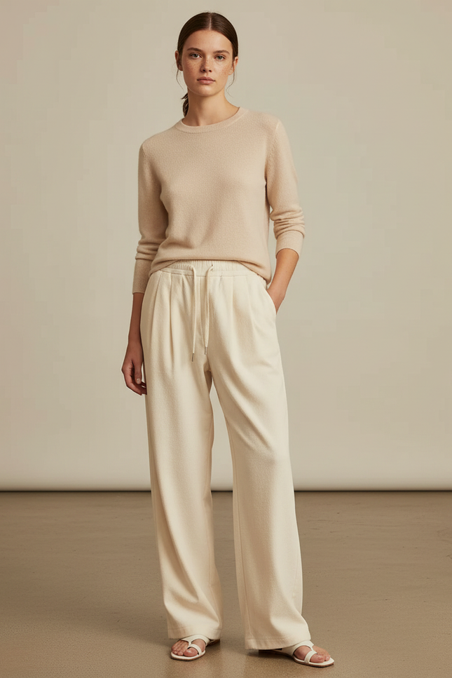 Pantalon À Pince Écru Ample Cordon Fluide Décontracté - Beige Molleton
