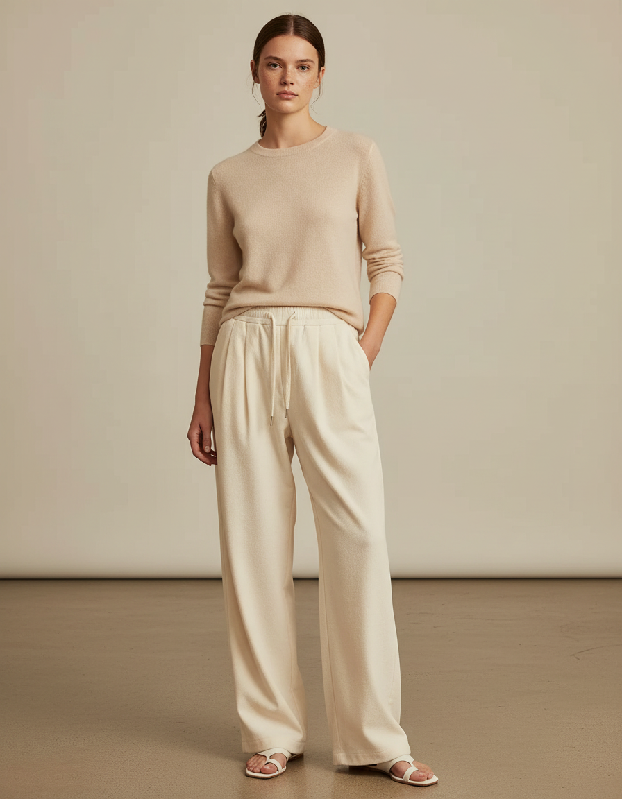 Pantalon À Pince Écru Ample Cordon Fluide Décontracté - Beige Molleton