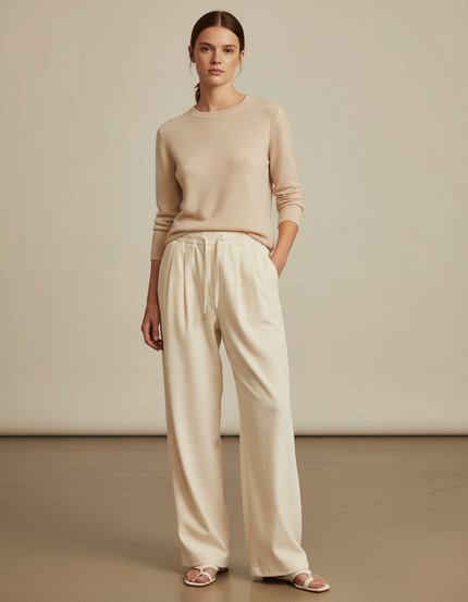Pantalon À Pince Écru Ample Cordon Fluide Décontracté - Beige Molleton