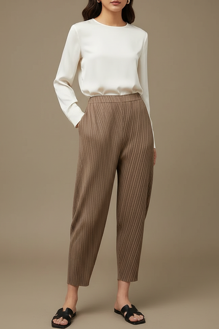 Pantalon À Pince Plissé Fluide Marron Décontracté Femme - Polyester