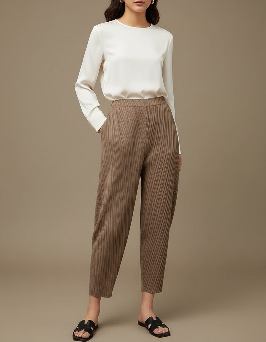 Pantalon À Pince Plissé Fluide Marron Décontracté Femme - Polyester