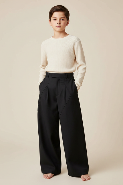 Pantalon À Pince Noir Droit Ample Plissé Moderne Garçon - Gabardine