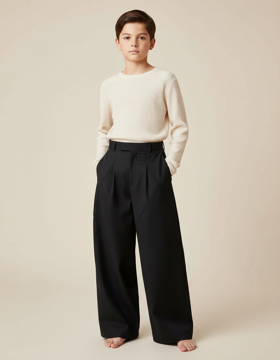 Pantalon À Pince Noir Droit Ample Plissé Moderne Garçon - Gabardine
