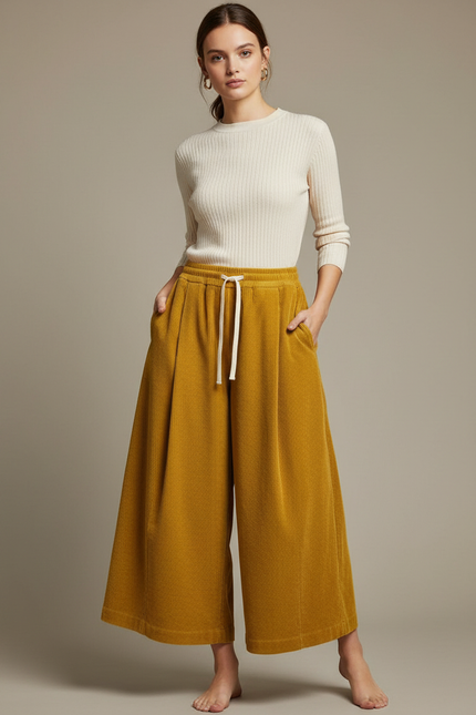 Pantalon À Pince Jaune Côtelé Ample Décontracté Femme - Cordé