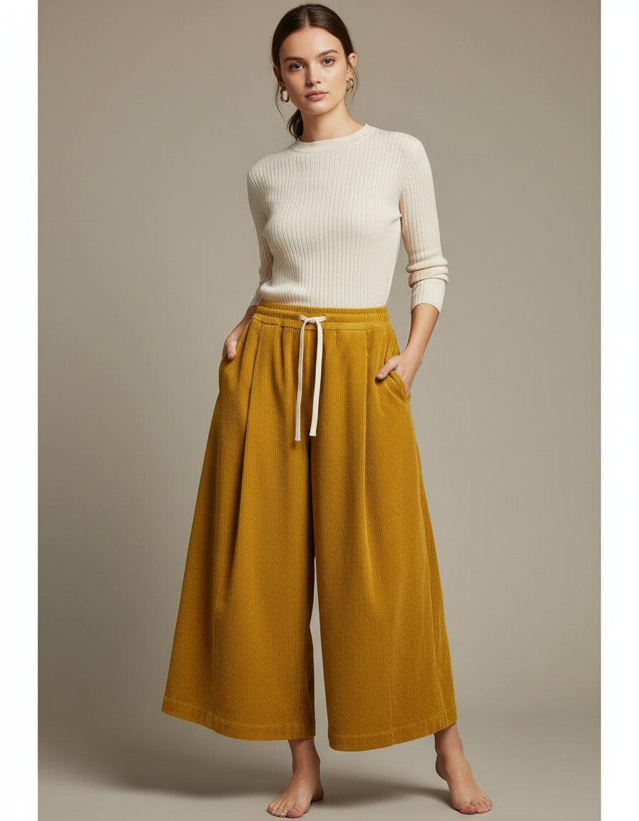 Pantalon À Pince Jaune Côtelé Ample Décontracté Femme - Cordé