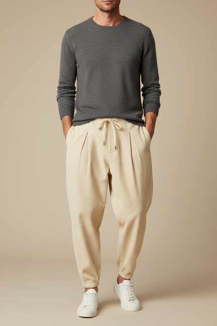 Pantalon À Pince Beige Côtelé Ample Décontracté Homme - Cordé