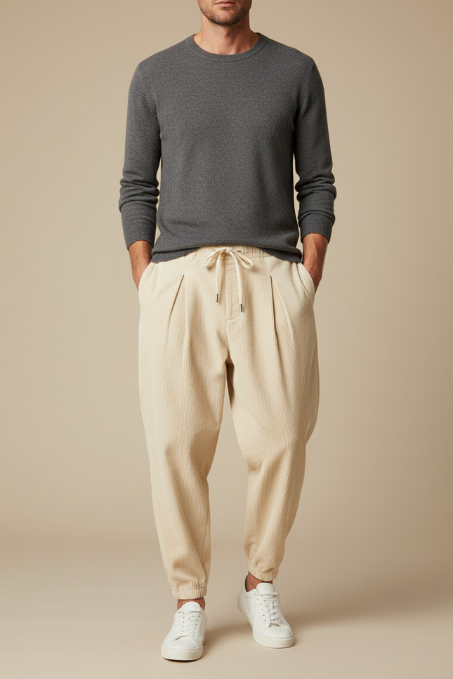 Pantalon À Pince Beige Côtelé Ample Décontracté Homme - Cordé