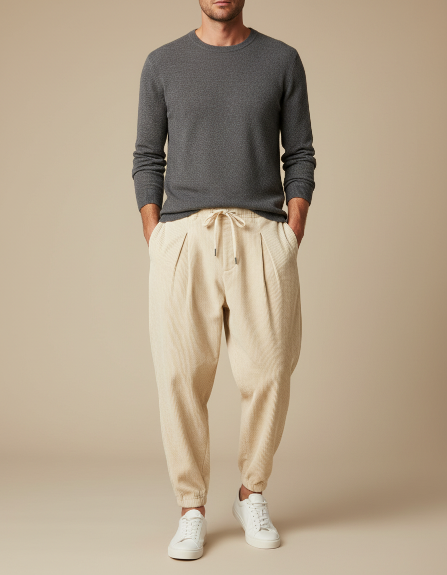Pantalon À Pince Beige Côtelé Ample Décontracté Homme - Cordé