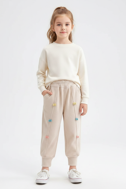 Pantalon À Pince Beige Côtelé Pompons Colorés Décontracté - Cordé