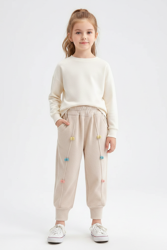Pantalon À Pince Beige Côtelé Pompons Colorés Décontracté - Cordé