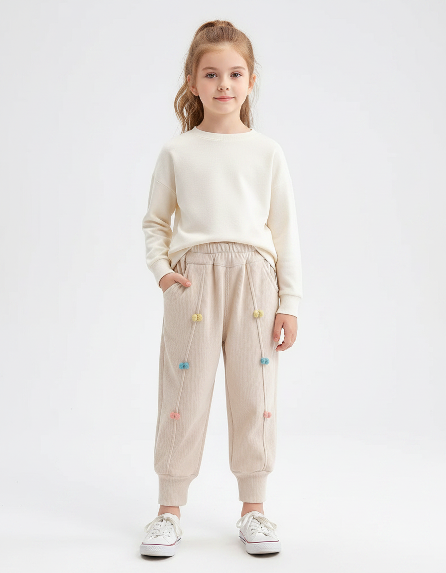 Pantalon À Pince Beige Côtelé Pompons Colorés Décontracté - Cordé