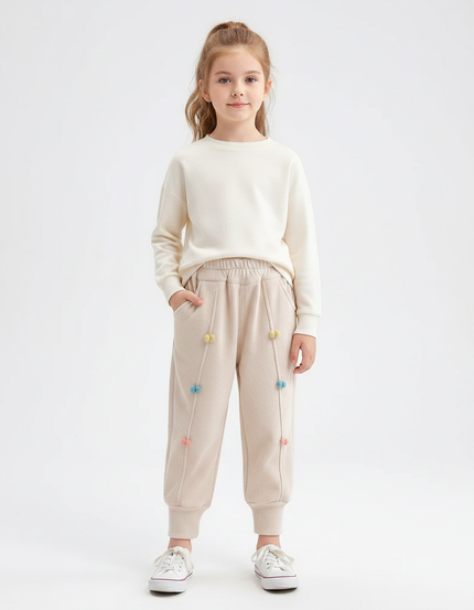 Pantalon À Pince Beige Côtelé Pompons Colorés Décontracté - Cordé
