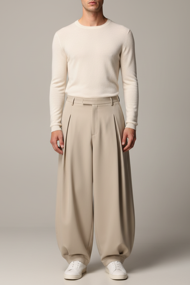 Pantalon À Pince Beige Plissé Ample Moderne Fluide - Polyester