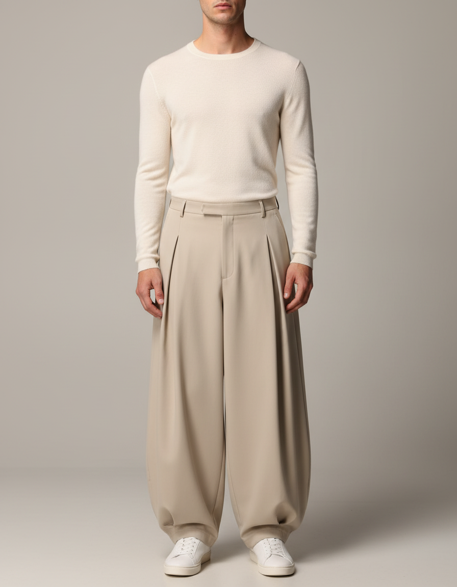 Pantalon À Pince Beige Plissé Ample Moderne Fluide - Polyester