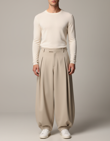 Pantalon À Pince Beige Plissé Ample Moderne Fluide - Polyester