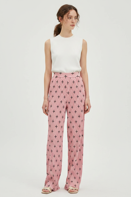 Pantalon À Pince Rose Plissé Imprimé Croix Taille Haute - Polyester